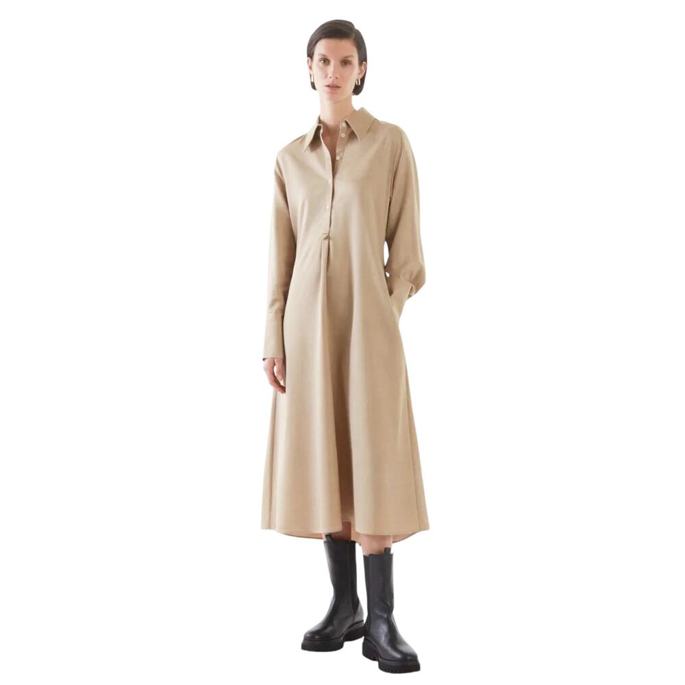 COS Beige Wool Blend Oversized Collar Long Sleeve Midi Shirt Dress Size 8